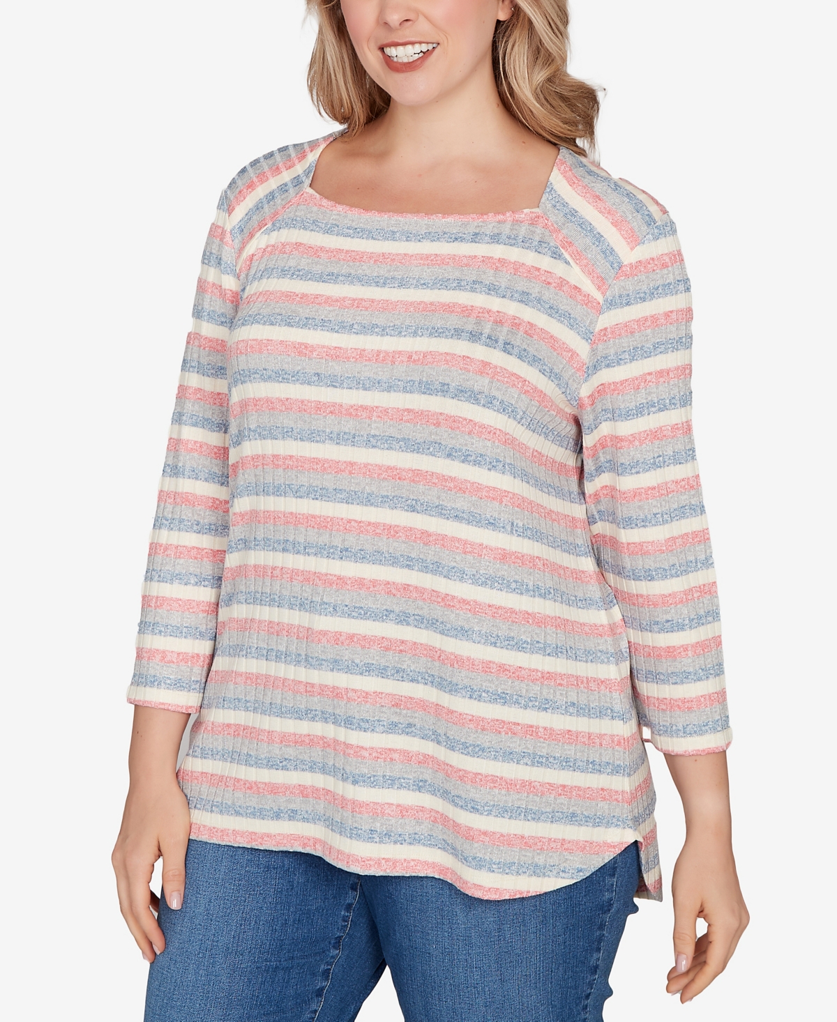Ruby Rd. Plus Size Marled Stripe Envelope Neck Rib Knit Top In Neutral