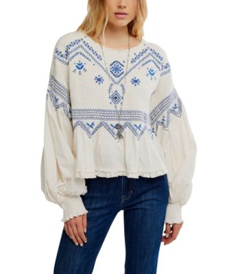 Free People - Women's Holly Crewneck Geometric Embroidered Top
