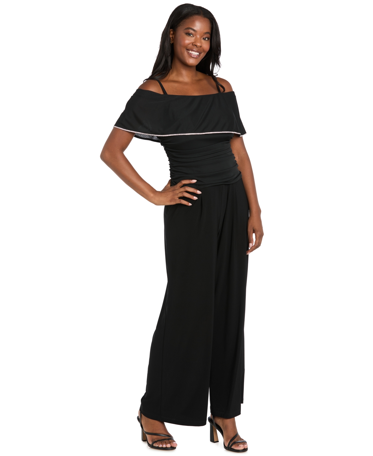 R & M Richards Women's Ruched Trim Detail Jumpsuit In Black