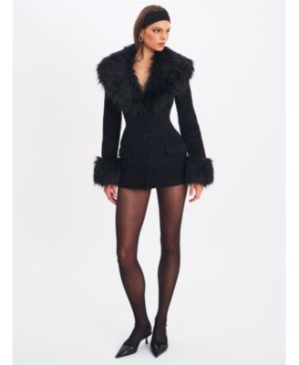 Women Hailee Black Single Breasted Wool Blend Mini Coat with Removable Fur Lapel