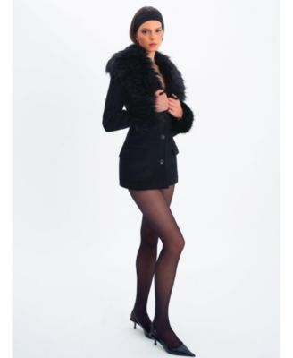 Women Hailee Black Single Breasted Wool Blend Mini Coat with Removable Fur Lapel