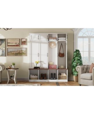 Farmhouse Hall Tree Bench, Hidden Hooks, Shoe Cabinet