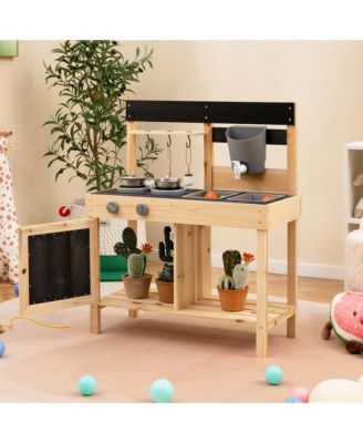 Mud Kitchen Playset Outdoor Kids Pretend Play Kitchen w/2 Removable Sinks Faucet