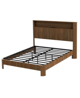 Queen Upholstered Bed Frame with Storage Headboard and Built-in Charging Station, Metal Frame Queen Size Platform Bed, No Box Spring Needed