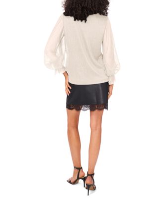 Women's Metallic V-Neck Sheer-Sleeve Top