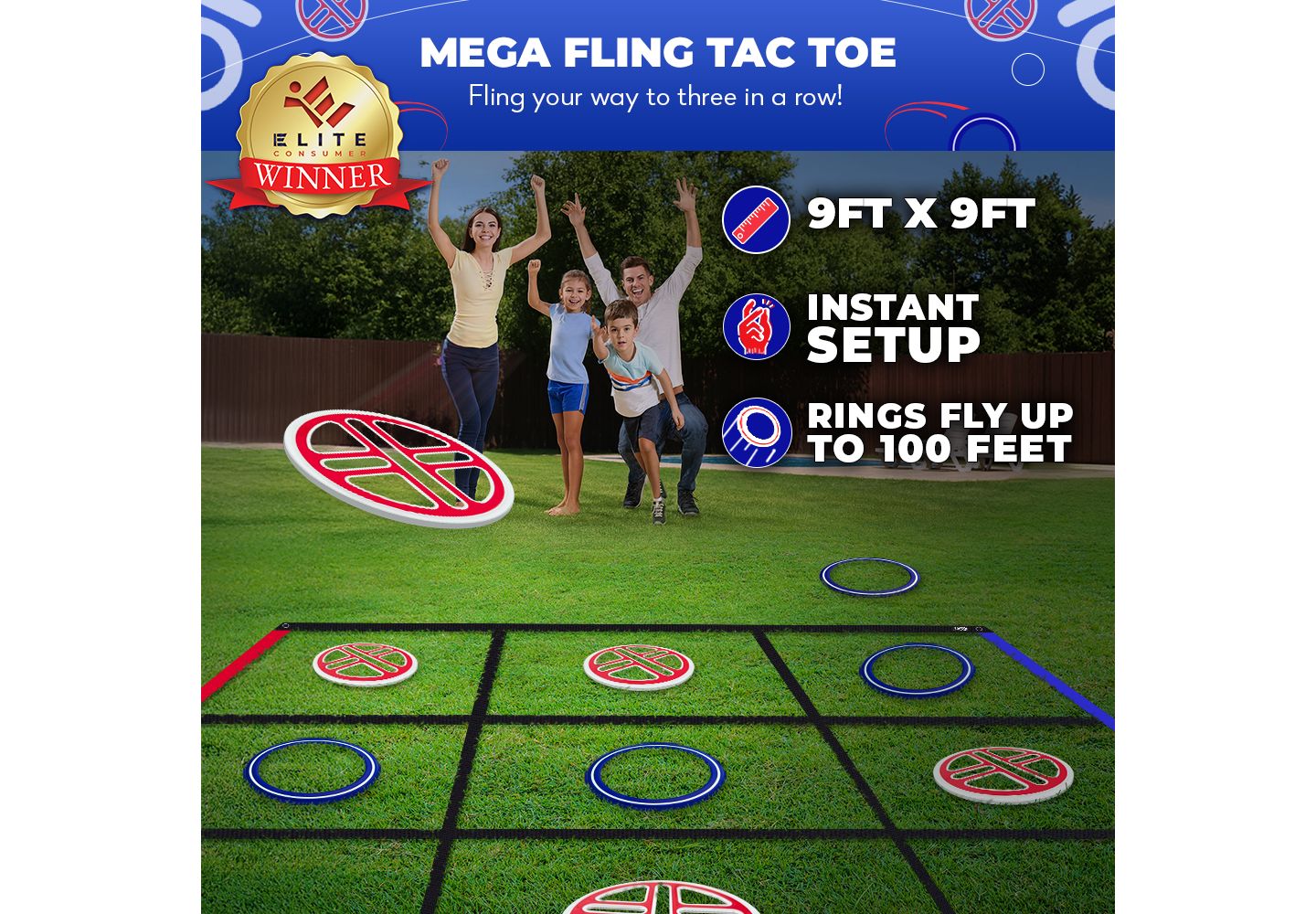 Детская игрушка SWOOC Fling Tac Toe Giant 9ft x 9ft Weather-Resistant Lawn Game, Ages 5+, цвет: Красный / Синий — фото 2