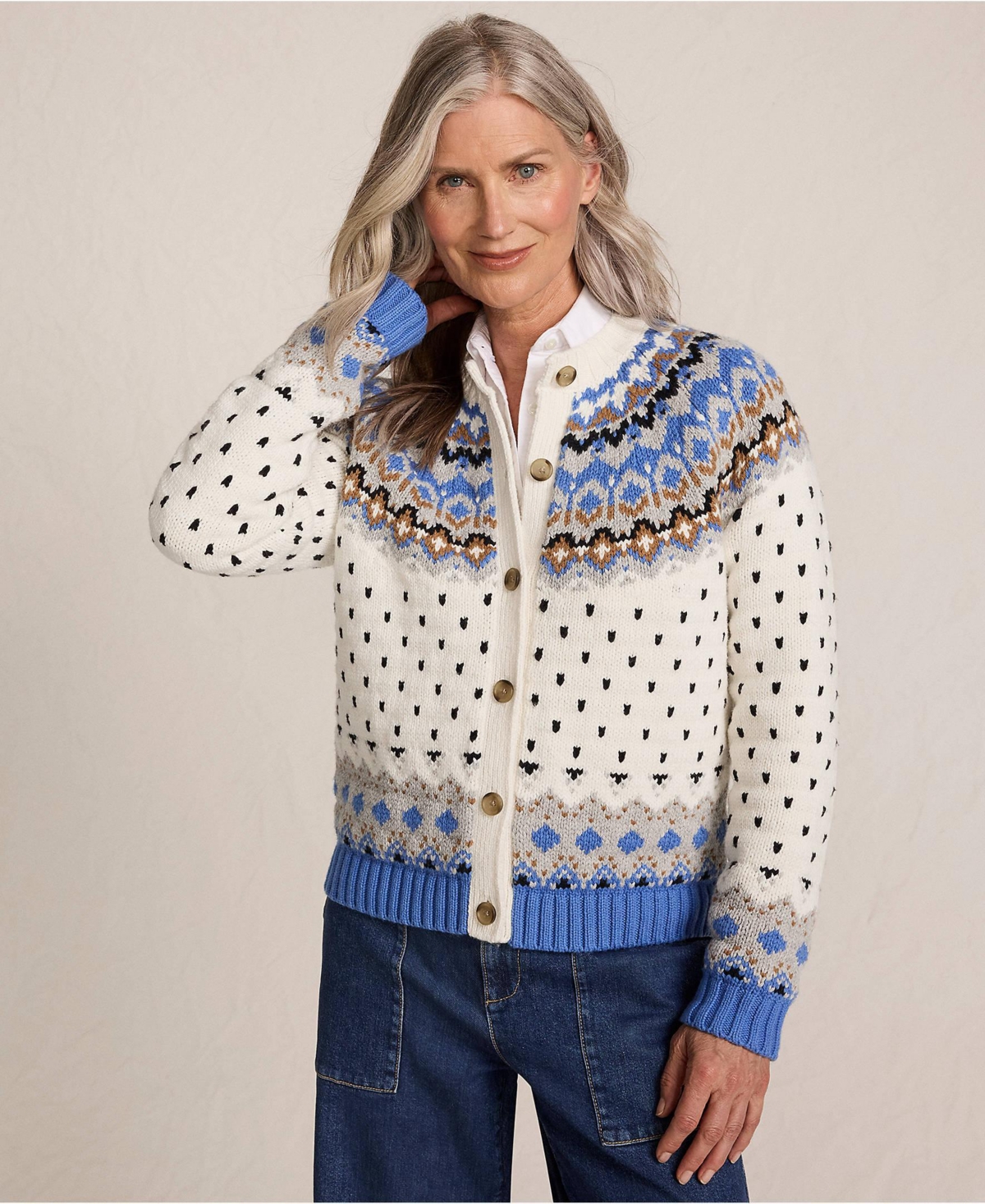 Lands' End Women's Lofty Birdseye Fair Isle Cardigan Sweater
