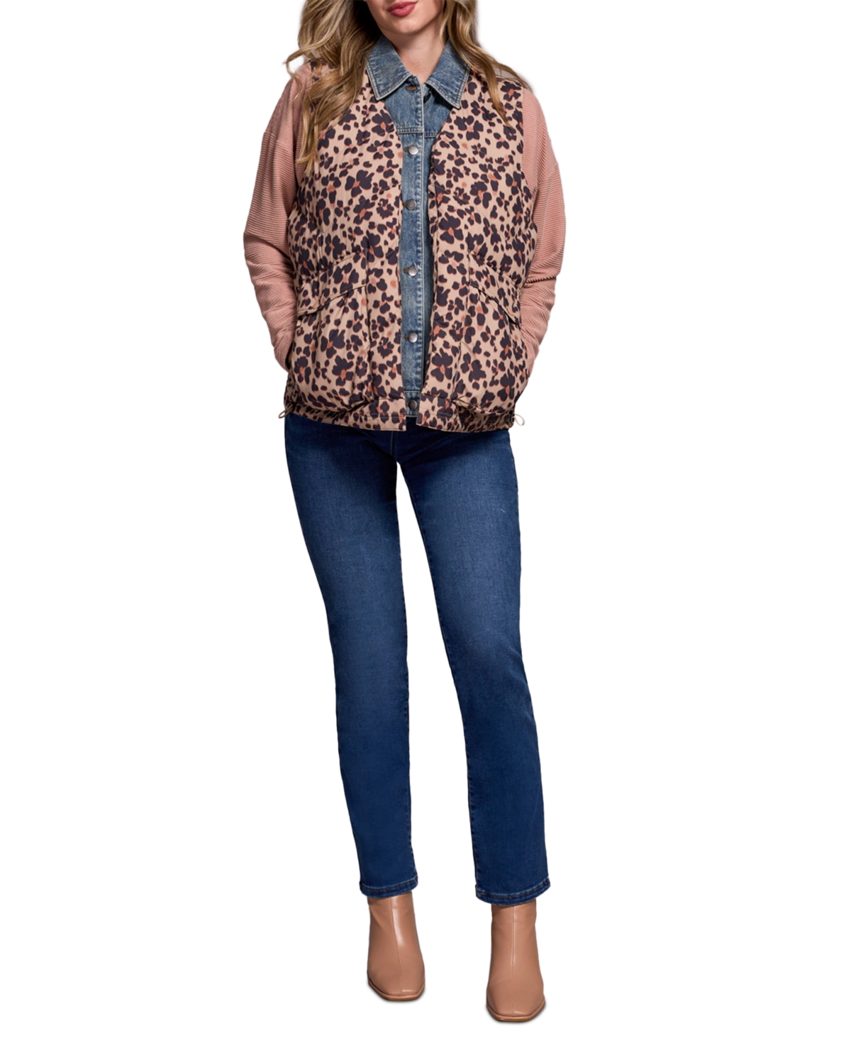 Tribal Women's Printed Leopard Shell Fooler Puffer Denim Vest In Animal Print