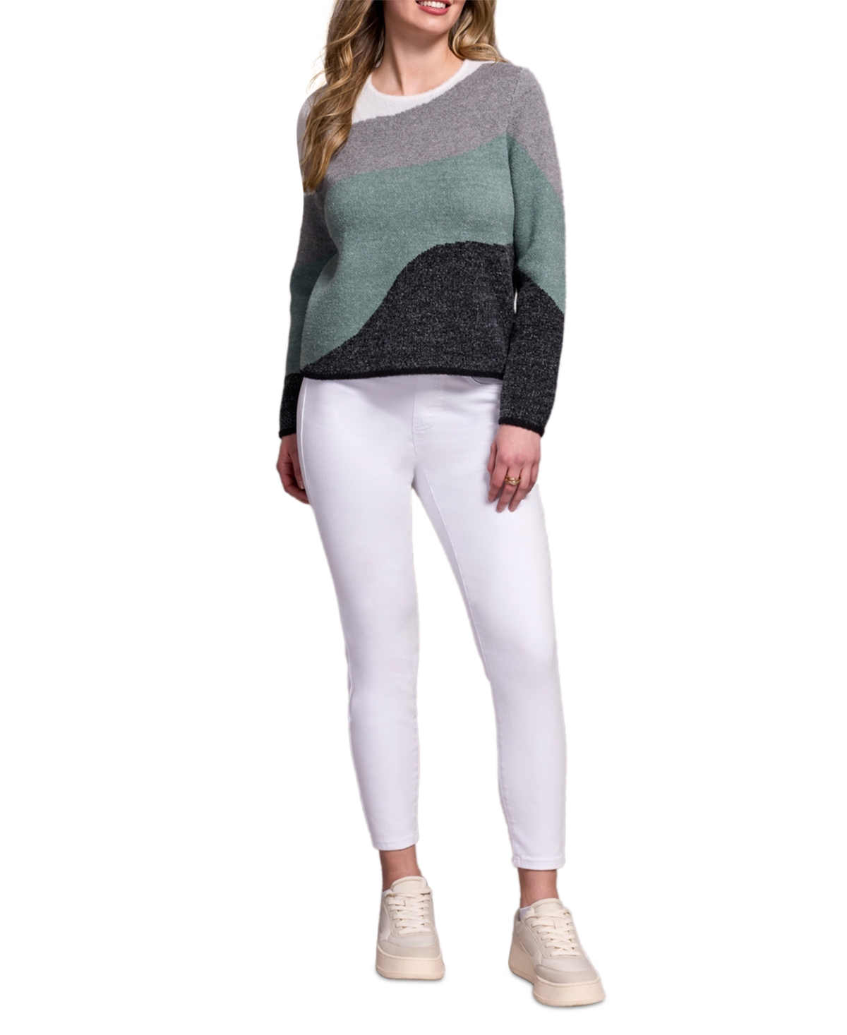 Tribal Women's Fuzzy Double Knit Crew Neck Sweater In Green