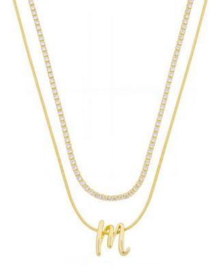 Unwritten - Letter "M" Initial Snake Chain Cubic Zirconia Chain Necklace With Extender 2Pcs Set