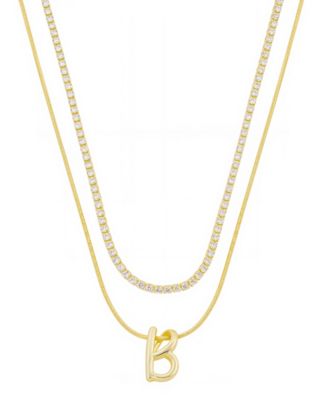 Unwritten - Letter "B" Initial Snake Chain Cubic Zirconia Chain Necklace With Extender 2Pcs Set