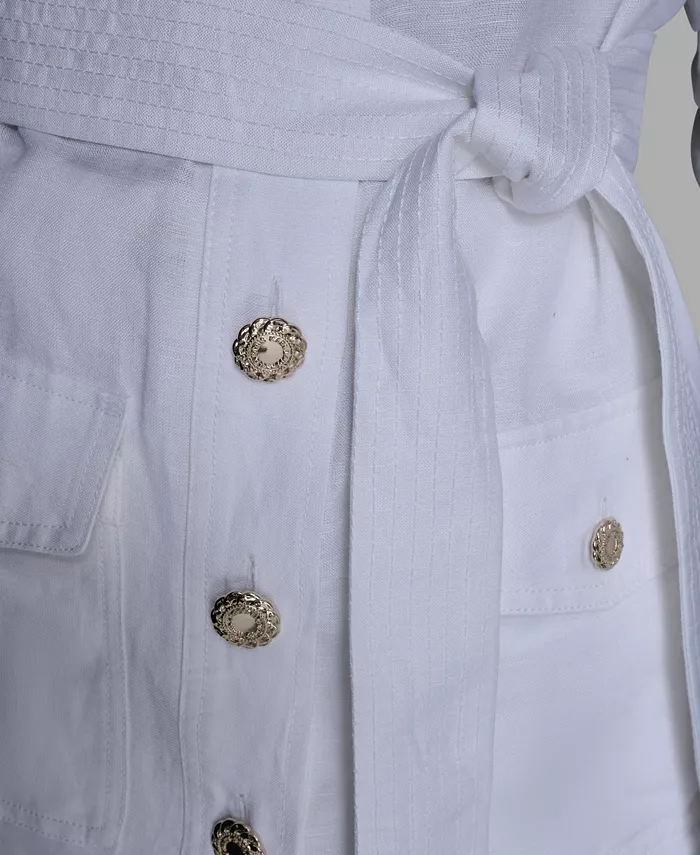 Women's Collared Linen-Blend Belted Jacket - thumbnail 10