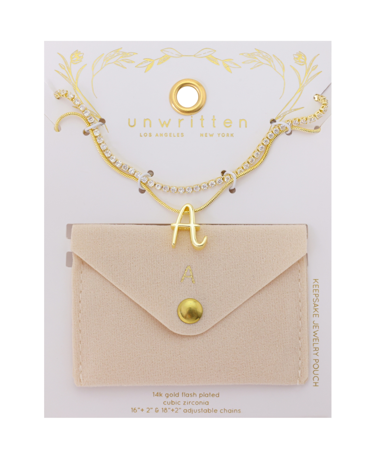 Unwritten Letter "A" Initial Snake Chain Cubic Zirconia Chain Necklace With Extender 2Pcs Set