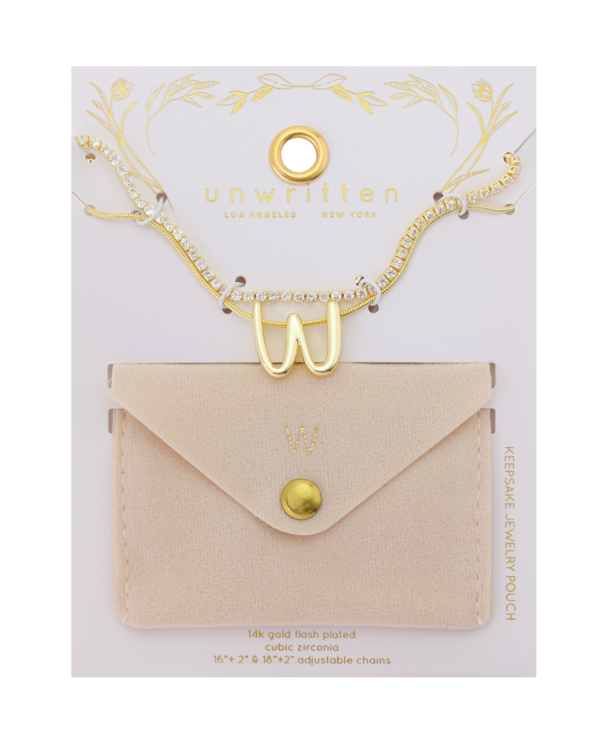 Unwritten Letter "W" Initial Snake Chain Cubic Zirconia Chain Necklace With Extender 2Pcs Set