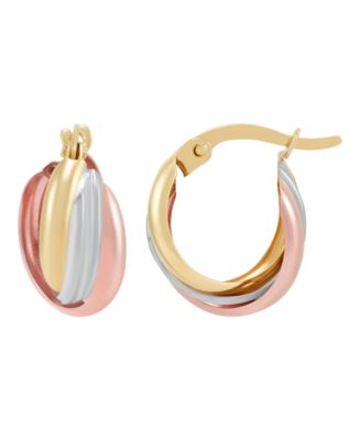 Small Oval Triple Crossover Tube Hoop Earrings in 10k Yellow, White and Rose Gold