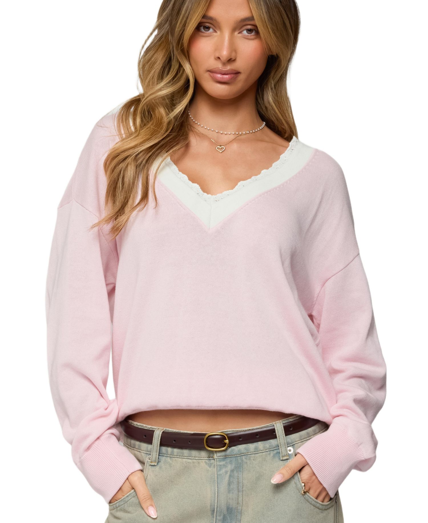 Women's Marie Contrast Lacey V Neck Sweater