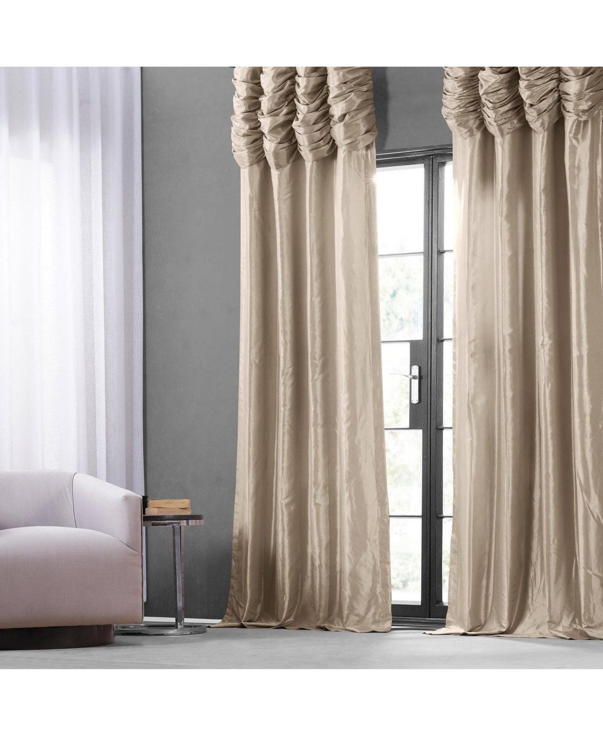 Half Price Drapes Antique Beige Ruched Solid Faux Silk Taffeta Room Darkening Curtain