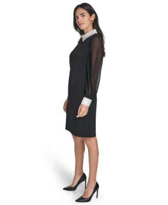 Petite Bishop Sleeve Shirt Collar Sheath Dress