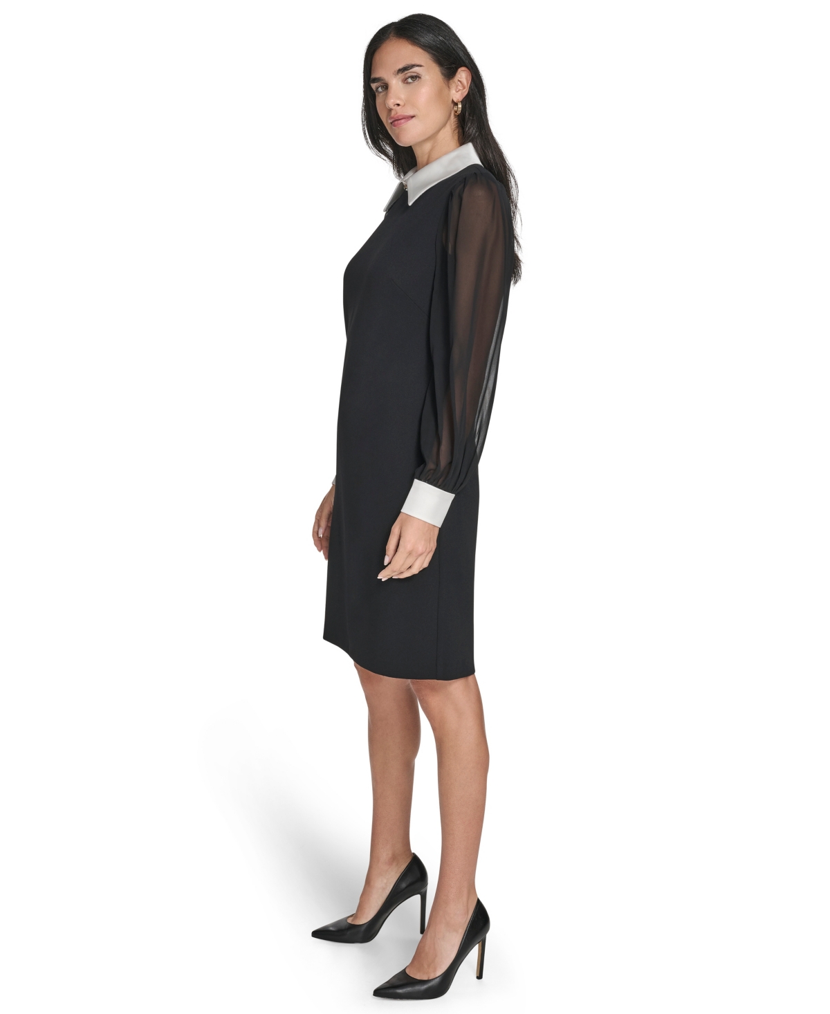 Jessica Howard Petite Bishop Sleeve Shirt Collar Sheath Dress In Black