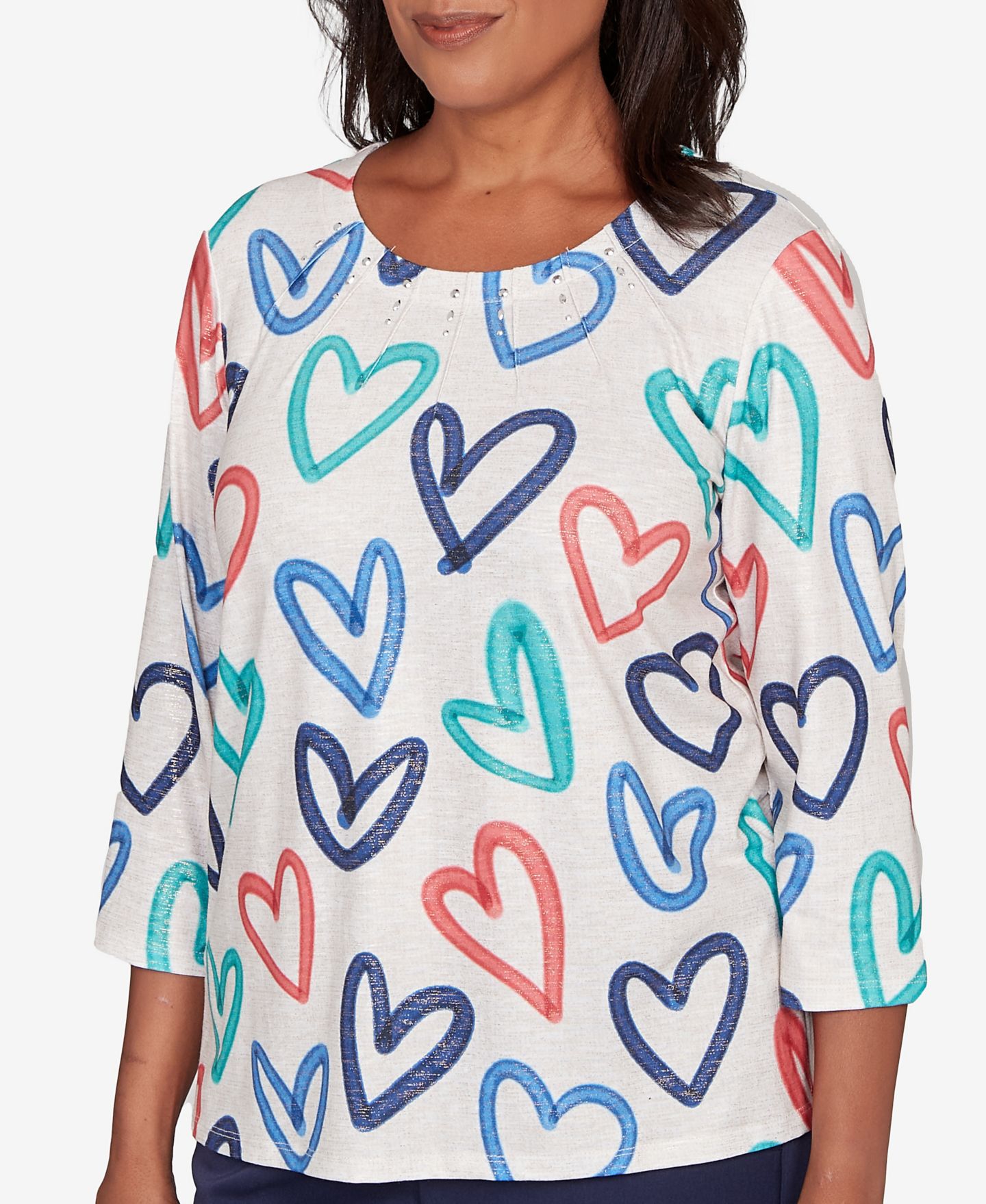 Женский топ Alfred Dunner Petite Saratoga Springs Tossed Heart Pattern Knit, цвет: Овсяный разноцветный — фото 5