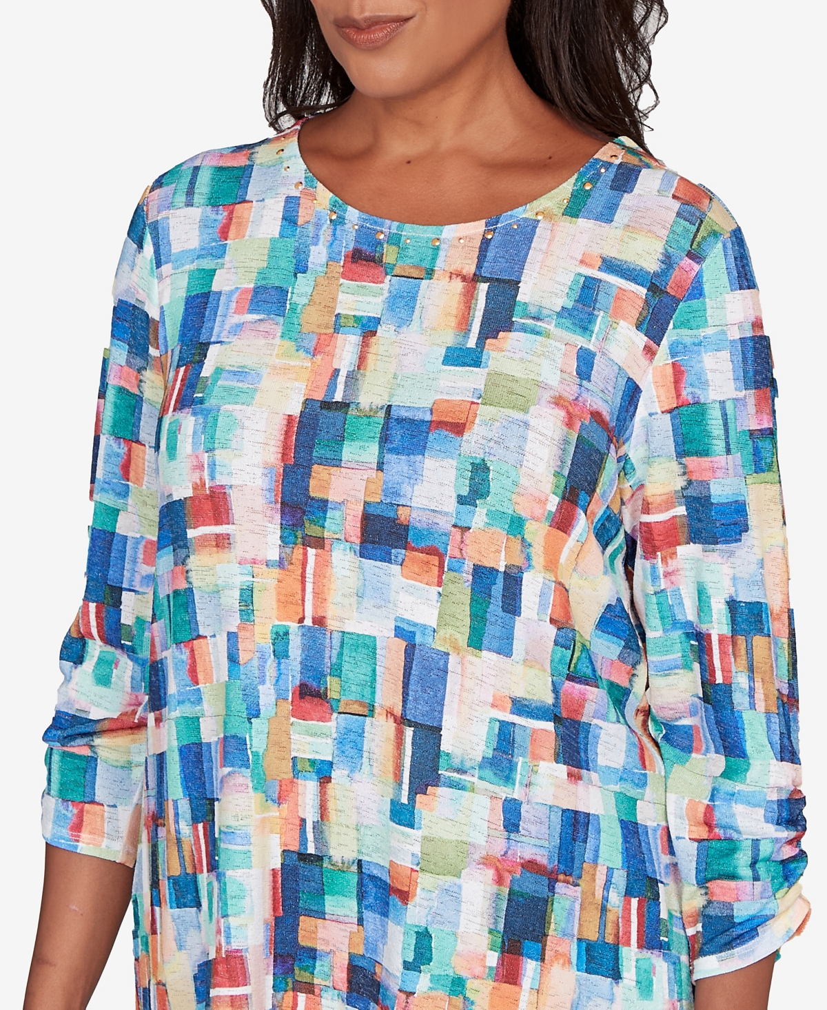 Alfred Dunner Petite Saratoga Springs Tile Print Colorblock Textured Top