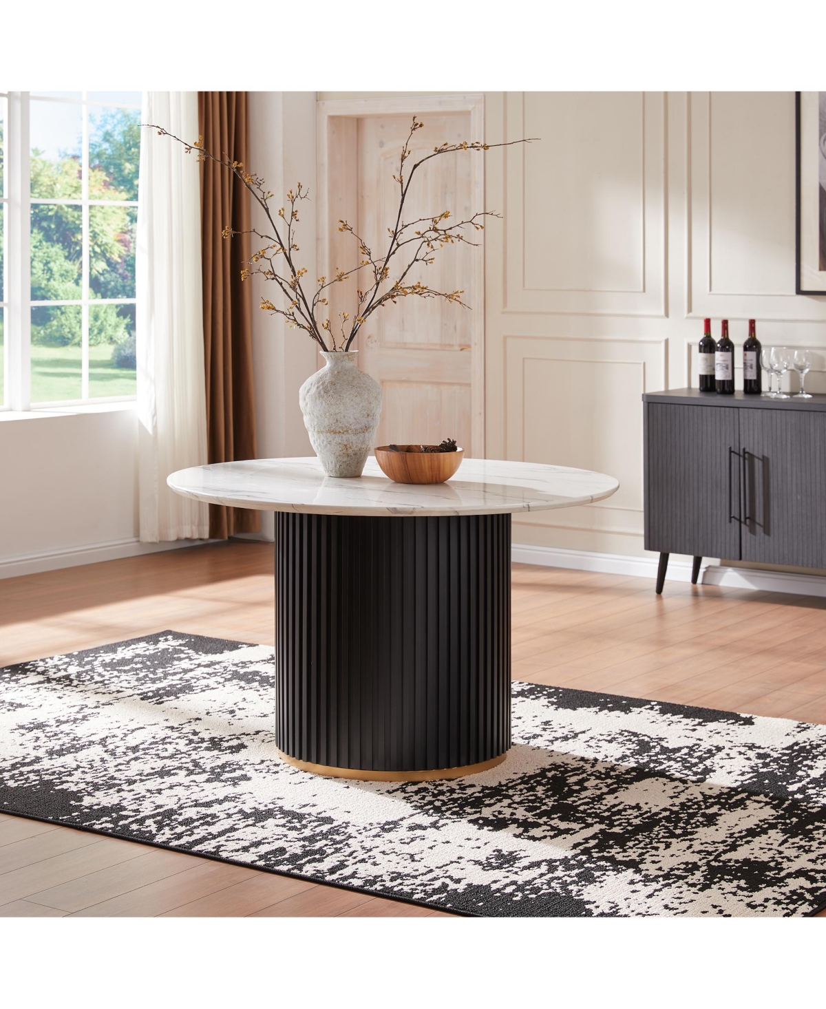 Morden Fort Modern Faux Marble Dining Set With 47" Round Table And 4 Boucle Armchairs Metal Base for Dining Room Kitchen