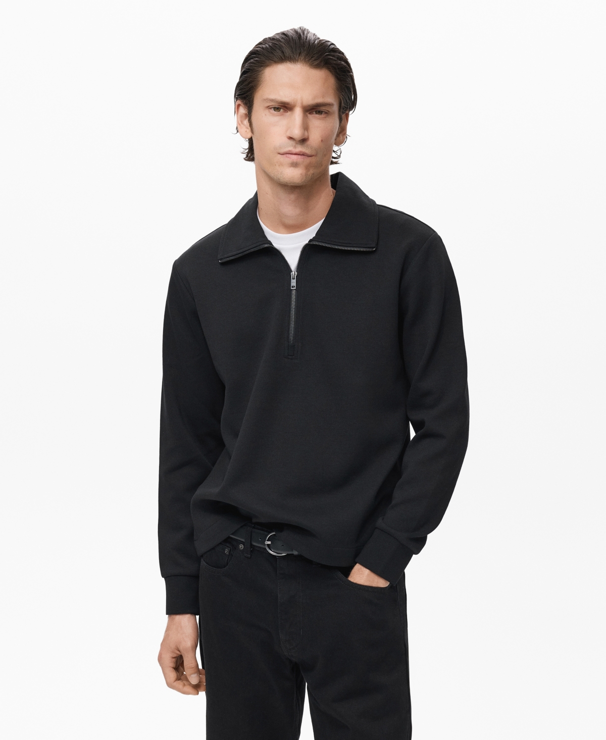 Mango Men's Zipper Neck Cotton Sweatshirt