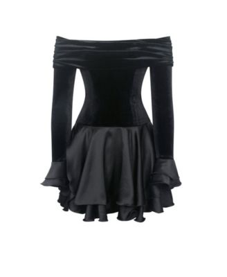Women Magnolia Black Off-Shoulder Layered Satin Mini Dress