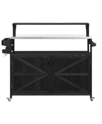 Outdoor Kitchen Island, Wood Cabinet, Stainless Top, Rolling Grill Cart - Black