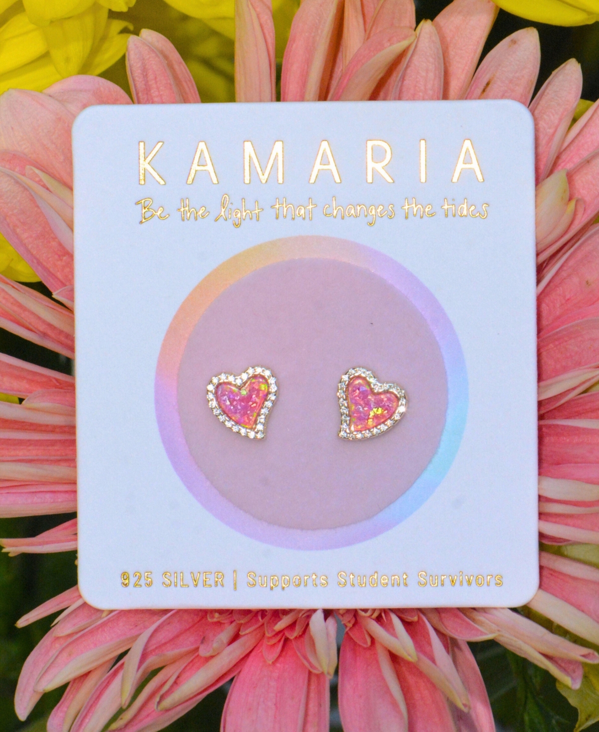 Kamaria Amore Heart Stud Earrings With Lab-grown Opal In 14k Gold Plated Sterling Silver In Pink