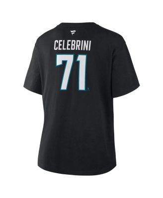 Women's Macklin Celebrini Black San Jose Sharks Authentic Stack Name Number T-Shirt