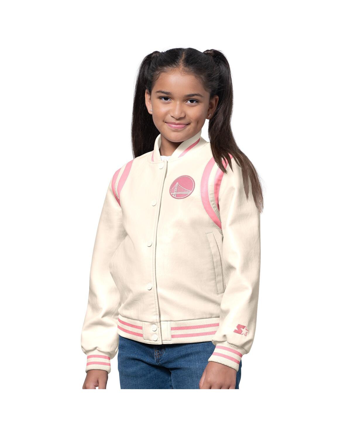 Starter Kids' Girls Cream/pink Golden State Warriors Underdog Leather Varsity Jacket In Neutral