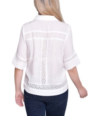 Petite Short Sleeve Eyelet Collared Top