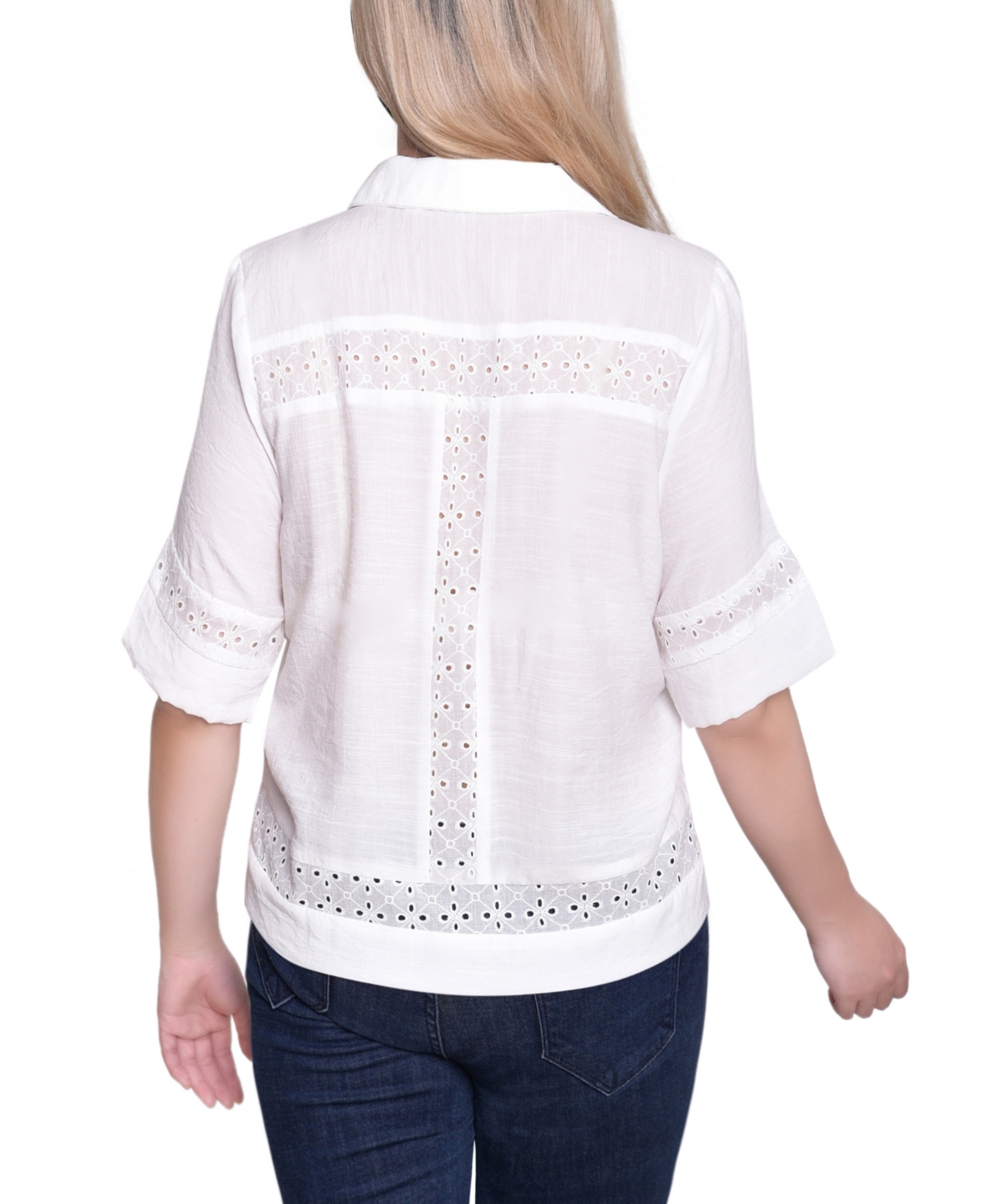 Ny Collection Petite Short sleeve Eyelet Collared Top