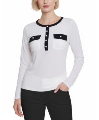 Petite Long Sleeve Contrast Detail Top