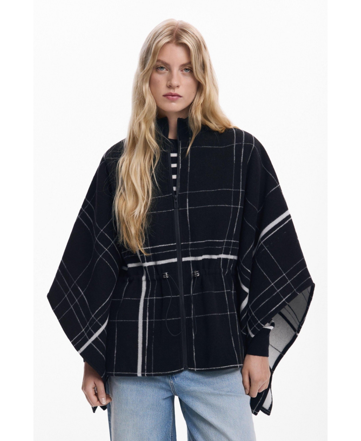 Desigual Women's Checkered Poncho In Black