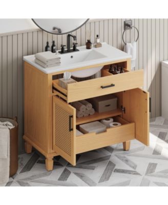 36inch Rattan Bathroom Vanity with Ceramic Sink Modern Bathroom Sink Cabinet