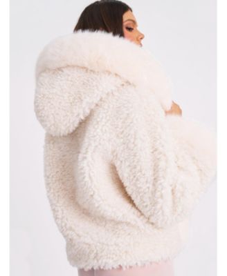 Women's Jumbo Kali White Faux Shearling Fur Trimmed Coat