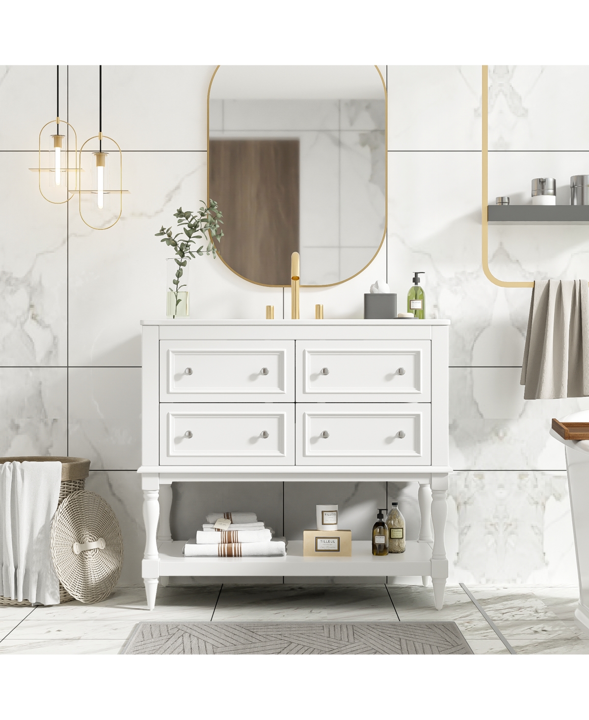 36inch Bathroom Vanity Cabinet with 4 Drawers Solid Wood Frame Bathroom Cabinet White