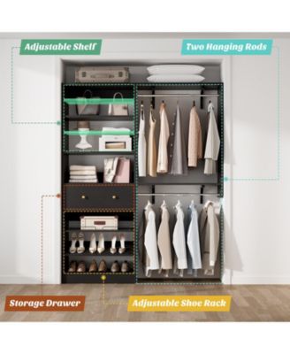 Closet System with Drawer, 5FT Closet Organizer System with 2 Hanging Rods and Adjustable Shelf, Reversible