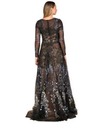 Women's Long Sleeve V-Neck Ombre Lace Gown