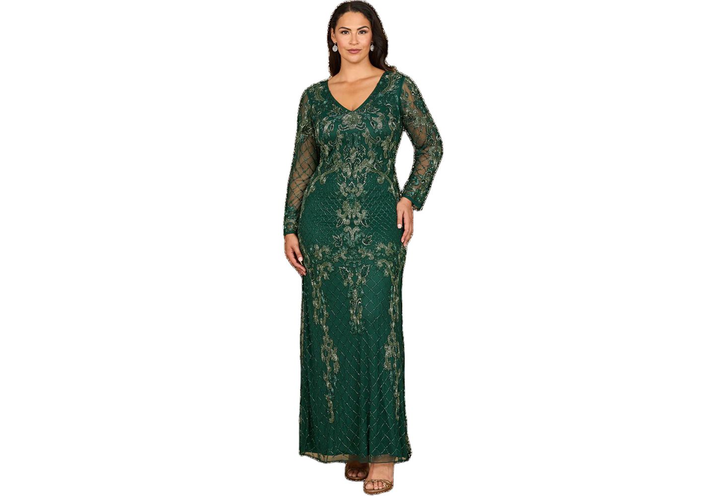 Женские платья Lara Long Sleeve Contrast Beaded Gown, цвет: Тёмный зелёный — фото 1
