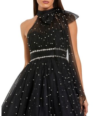 Women's Pearl Embellished A Line Mini Dress with Bow