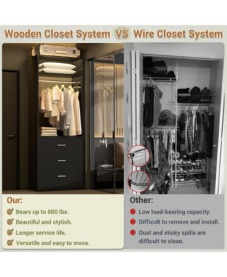 Freestanding 2FT Closet System with 3 Wooden Drawers, 24'' Closet Organizer System with Hanging Rod & Shelves