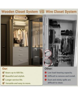 Freestanding 2FT Closet System with 3 Wooden Drawers, 24'' Closet Organizer System with Hanging Rod & Shelves