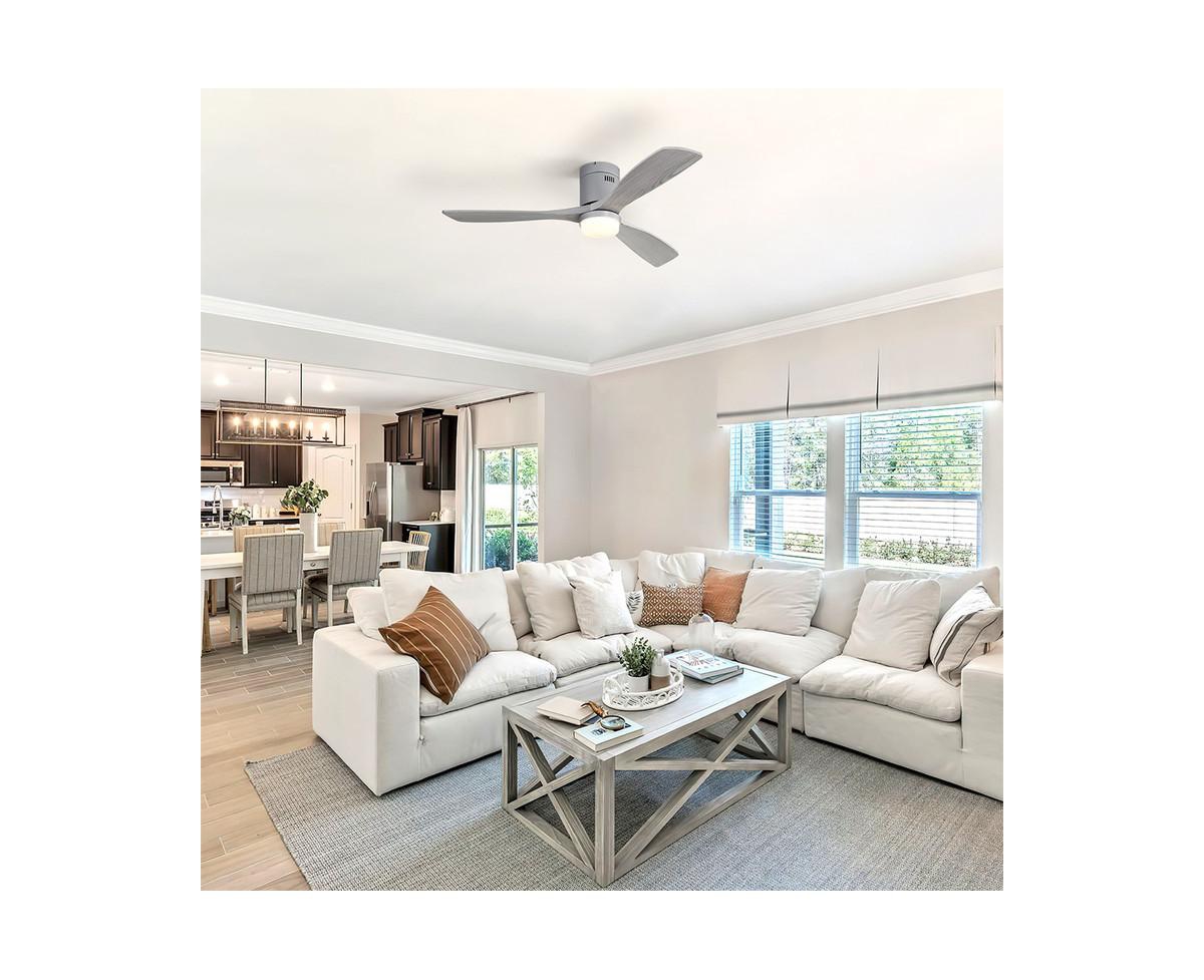 52-inch Modern Sliver 3 Solid Wood Blades Flush Mount Tri color Adjustable Ceiling Fan Light with Remote Control