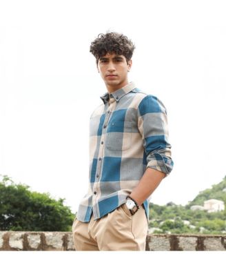 Men's Azure Blue & Off-White Buffalo-Woven Regular Shirt