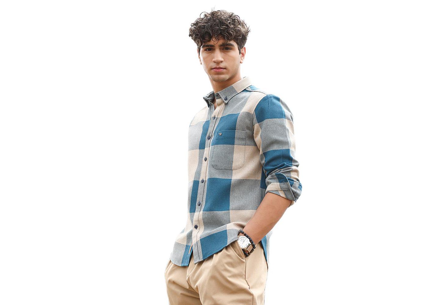 Мужская рубашка Cahoot Campus Sutra Azure Blue & Off-White Buffalo-Woven Regular, цвет: Синий — фото 2