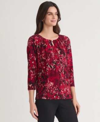 Womens Pleat-Neck 3/4-Sleeve Blouse, Regular & Petite