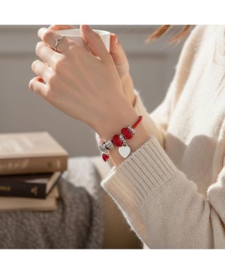Heart Lover Couples Valentine Charm Bracelet with Red Leather & Silver Clasp